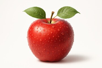 Crisp red apple with dew and green leaves on white seamless background high detail
