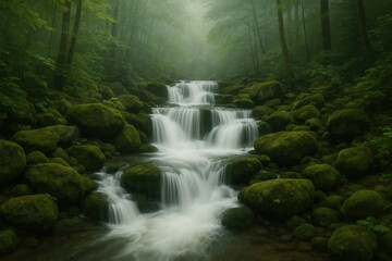 Obraz premium Lush forest waterfall cascading over mossy rocks with mist and silky water flow
