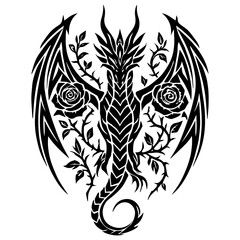 Tribal Dragon with Roses and Thorns – Symmetrical Black and White Tattoo Design