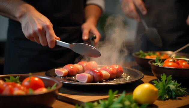 Suvlakia cooking, teamwork preparing food, created with generative ai