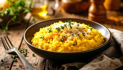 Creamy saffron risotto with herbs in a bowl bright