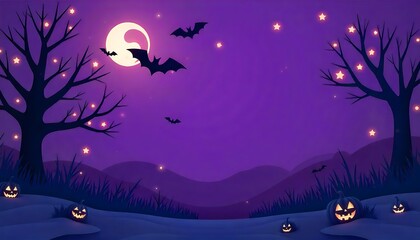 Winter purple Halloween background modern design set in paper cut style with Halloween bats , spooky boo Usable for social media, banner space for copy, created with generative ai