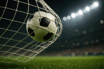 Naklejka premium Soccer ball caught in goal net dynamic motion freeze with stadium lights bokeh