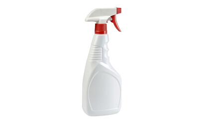 White plastic spray bottle with red trigger for cleaning products and liquids