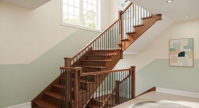 Ascending wooden staircase with black spindles and two-toned walls under a window, with art on wall