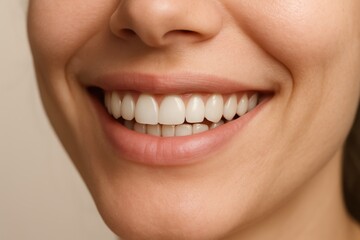 Obraz premium Healthy female smile macro with bright enamel natural lips and flawless dental alignment
