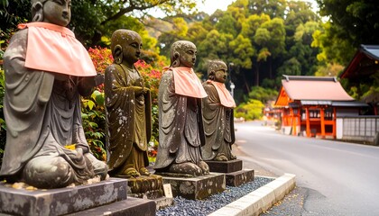 Statues along a road in a Japanese temple garden