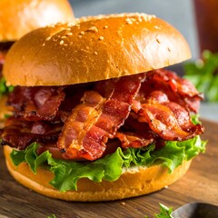 Crispy bacon sandwich with lettuce on a sesame bun