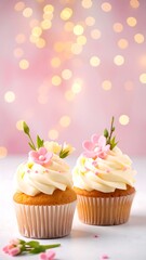 Two decorated cupcakes on a light surface against a soft pink bokeh background