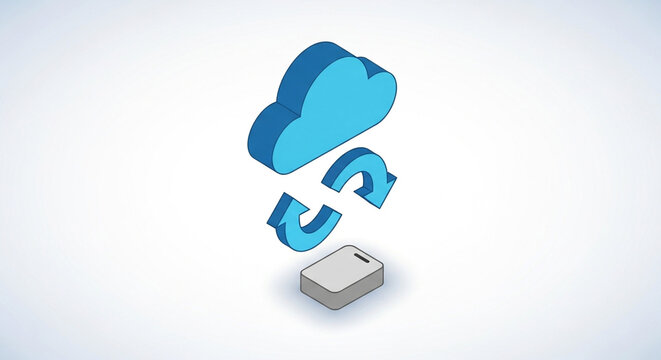 Isometric illustration of cloud storage syncing with a smartphone, isolated on white background depicts modern data transfer and backup technology
