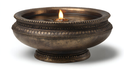 Ornate Oil Lamp with Flickering Flame Isolated on White Background for Religious Ceremonies