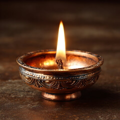 Traditional Oil Lamp Illuminated by Vibrant Flame with Intricate Metalwork in Dark Background