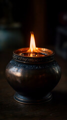 Traditional Oil Lamp Illuminated with Burning Flame Against Dark Background for Worship and Ceremonies