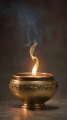 Traditional Oil Lamp With Flame and Smoke Creating Warm Atmosphere for Religious Ceremonies