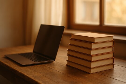 Study workstation with stack of books and slim laptop on rustic wooden desk morning light - Powered by Adobe