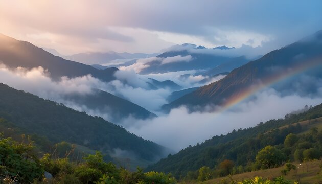 A breathtaking mountain valley filled with rolling rainbow fog - Powered by Adobe
