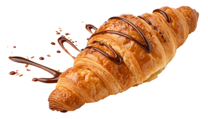Delicious chocolate croissant with drizzle and splatter on a