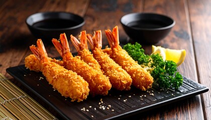 Crispy fried panko shrimp with sauce and lemon