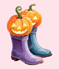 Cheerful cartoon jack-o'-lantern pumpkins popping out of a pair of cute rubber boots for an autumn celebration