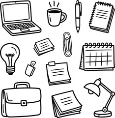 Office supplies and stationery doodles vector silhouette