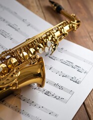 Fototapeta premium Golden saxophone resting on a musical score