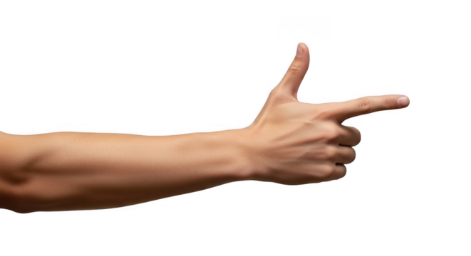 Human hand pointing right isolated on transparent background, clear gesture for directions