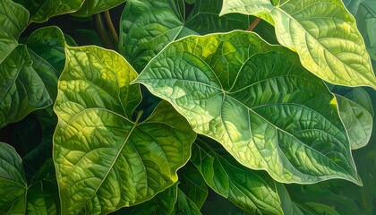 Detailed close-up of vibrant green leaves with sunlight highlighting textures