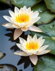Two delicate white water lilies on a pond