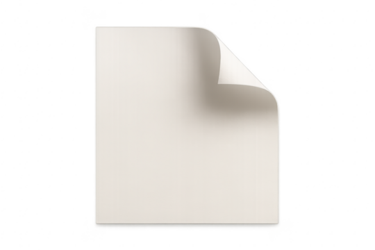 Curled white paper sheet with soft drop shadow isolated on transparent background PNG