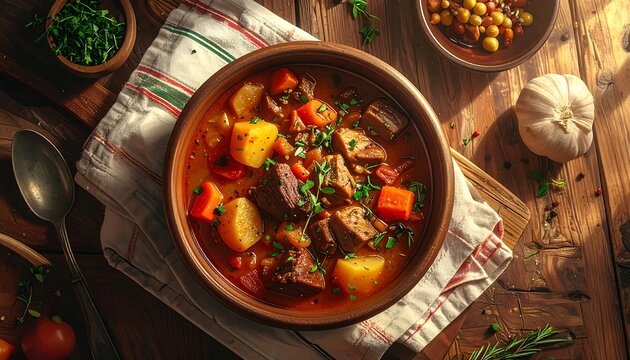Delicious and hearty beef stew with vegetables served in a wooden bowl