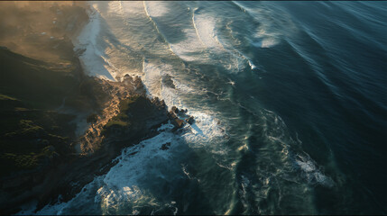 Aerial view of coastal cliffs and ocean waves, golden hour light.