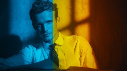 Navigating financial success with a proud smile. Futuristic design. Sunlit confidence: young analyst at work with a touch of natural light. Modern graphics. Bold contrast.