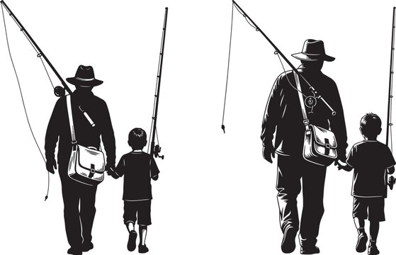 Vector art of silhouette of a father and son fishing together, a vector design