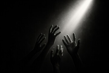 Emotive concept hands reaching toward light from darkness conveying silent call for help