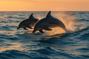 Obraz premium Dolphins leaping over ocean swells at sunrise sparkling spray and vibrant blue wildlife scene