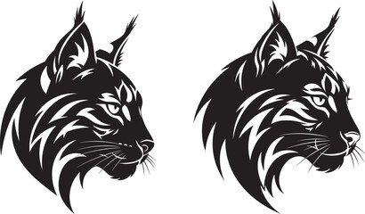 Vector art of two lynx heads in black and white, , facing different directions in vector format