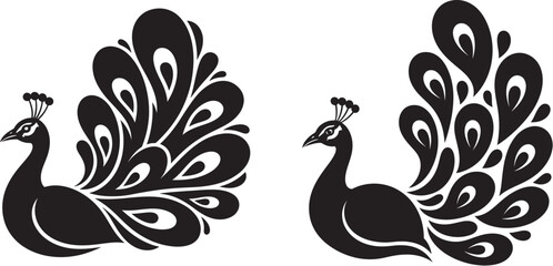 Vector art of two peacock silhouettes in black and white, , with stylized feathers in vector