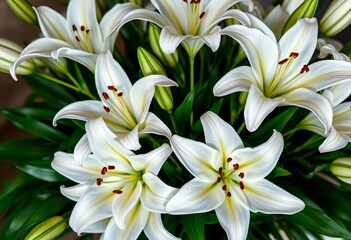Obraz premium Elegant white lilies arranged in a lush bouquet, closeup, wedding
