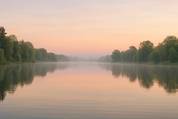 Fototapeta premium Tranquil Tisza Lake panorama with mirror like reflections calm water and soft sunrise