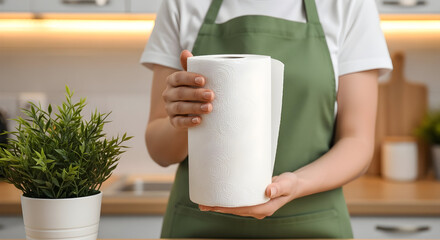 Eco-Friendly Kitchen: Woman Holding Sustainable Paper Towel Roll in Bright Home Setting Highlighting Cleanliness Hygiene and Environmentally Conscious Choices
