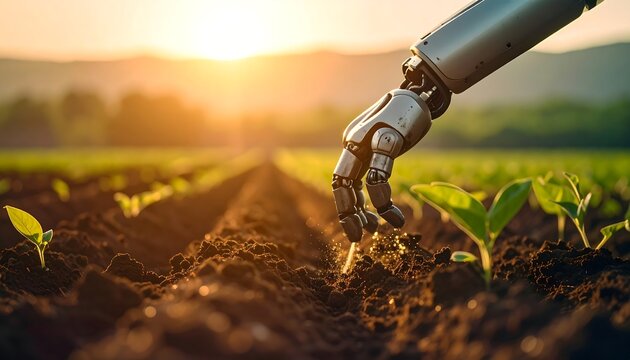 Robotic Hand Tending Seedlings in Field at Sunrise