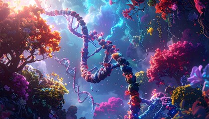 DNA strand in a vibrant and colorful fantastical landscape