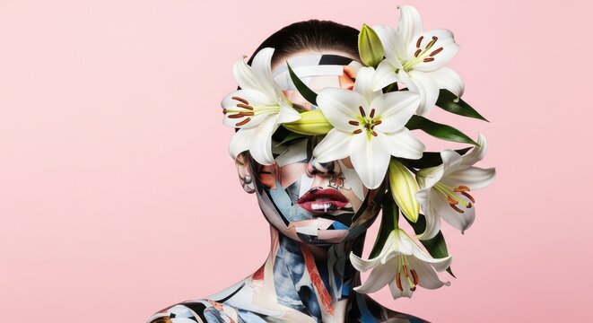 Woman's face covered in colorful abstract art, adorned with white lilies on a pink background