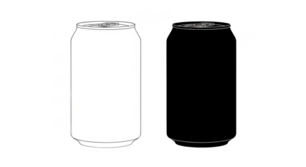 Black and white soda cans isolated on transparent background with simple line art design