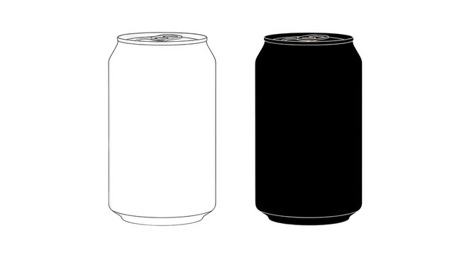 Black and white soda cans isolated on transparent background with simple line art design