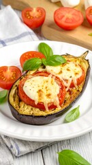 Roasted eggplant stuffed with tomatoes and mozzarella