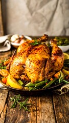 Roasted chicken with vegetables on a platter