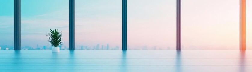 Fototapeta premium Bright Modern Office Space with Large Showing City Skyline and Sunset Light Reflection Creating a Calm Workspace Environment