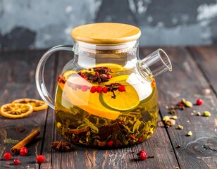 Herbal tea in glass teapot