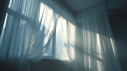 Interior of a modern minimalistic room, sunlight streaming through sheer curtains.
